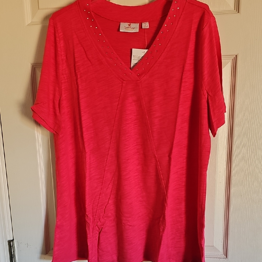 Quacker Factory Vibrant Pink (Rhubarb) Short Sleeve Top